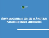 Câmara anuncia repasse de R$ 260 mil para a Prefeitura para ações de combate ao coronavírus