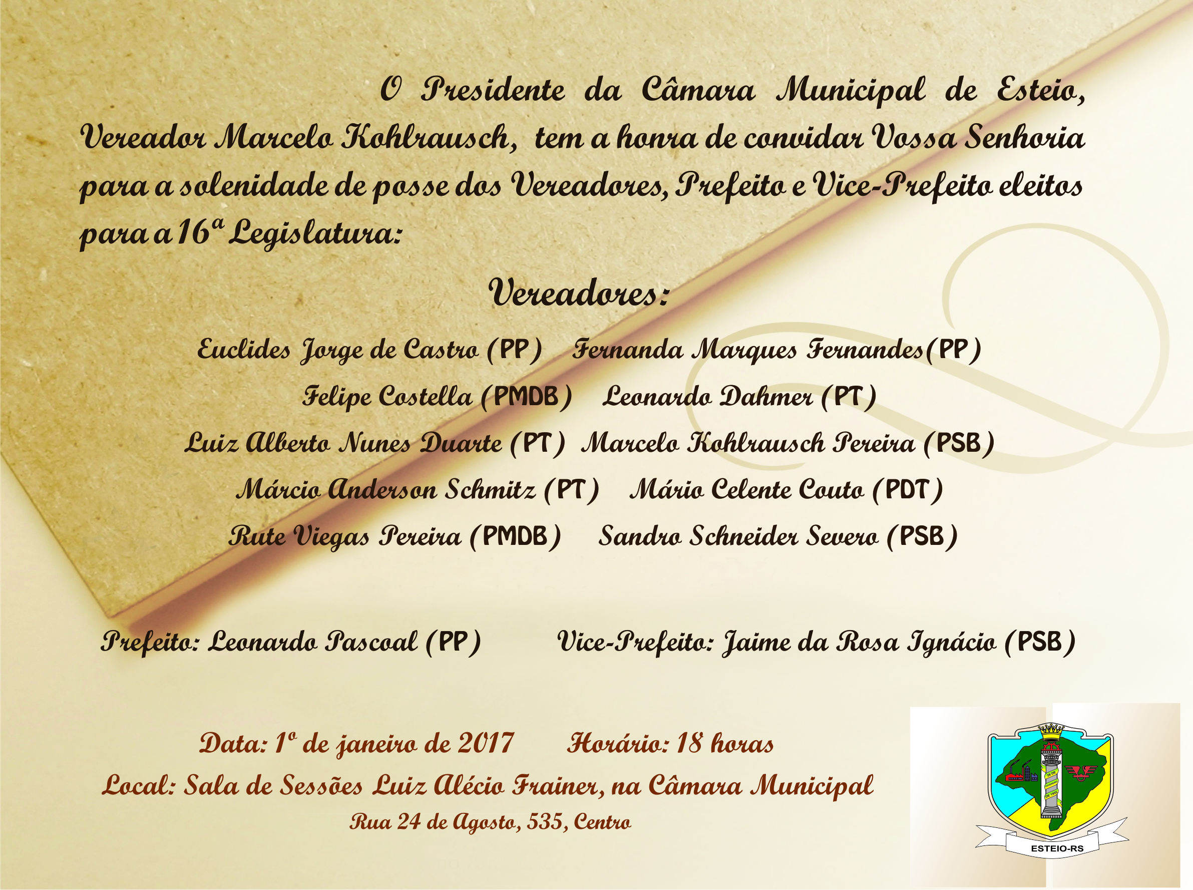 Posse dos vereadores, prefeito e vice será no domingo, 1º de janeiro