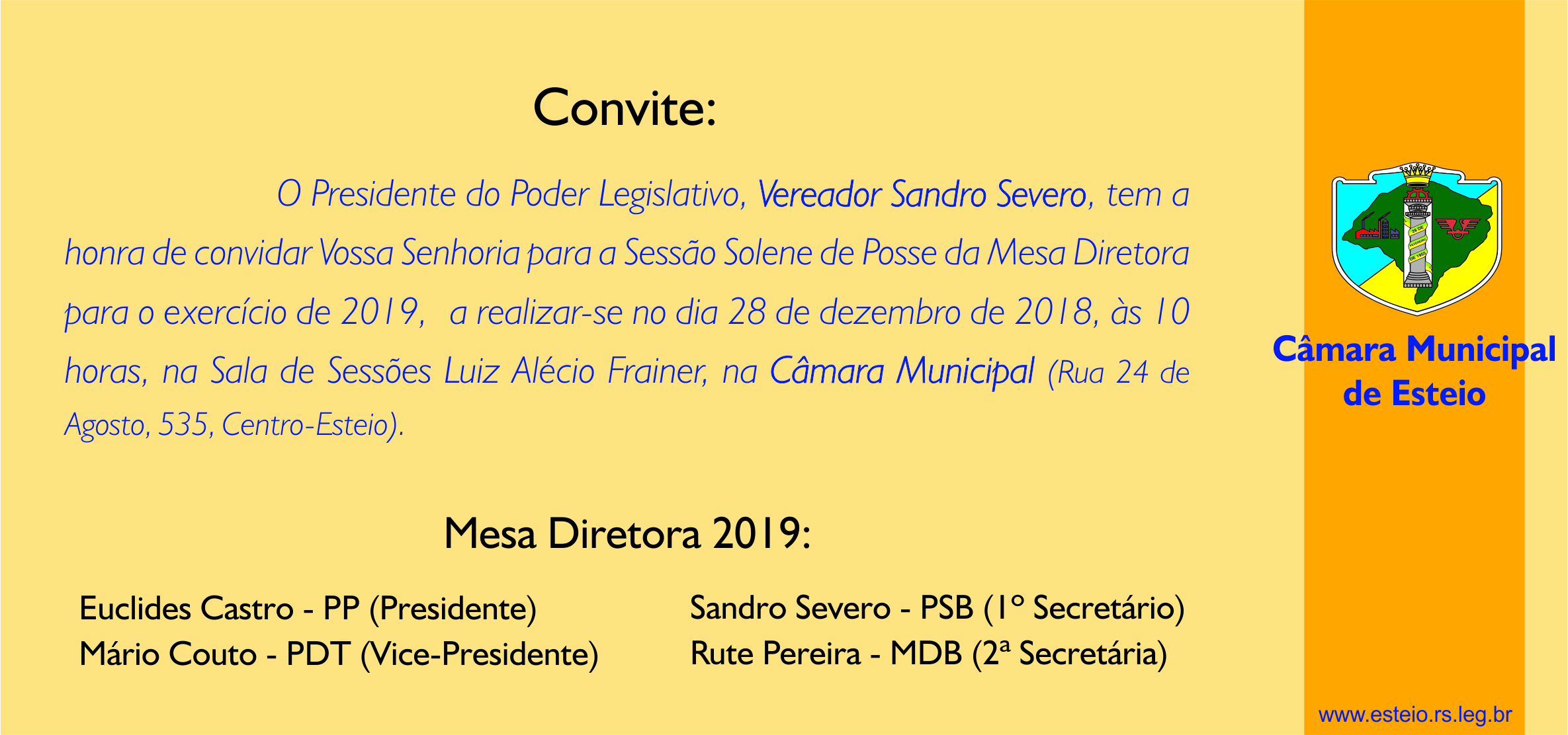 Posse da Mesa Diretora será realizada na sexta-feira, 28